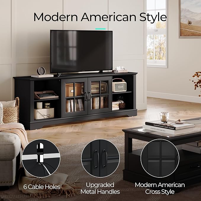 LINSY HOME TV Stand for 75 Inch TV, 68" Entertainment Center with LED Lights and Glass Door Storage Cabinet, Modern Farmhouse TV Media Console Table for Living Room, Black