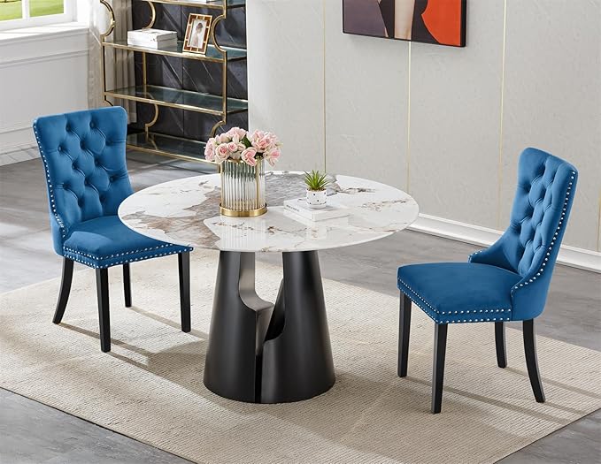 3-Piece Faux Marble Round Dining Table Set for 2, Modern Luxury Kitchen Table Set for 2 with Blue Tufted Chairs,Circle Dining Tables with Pandora Grain Top and Black Pedestal Base