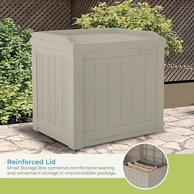 Suncast Small Deck Box-Lightweight Resin Indoor/Outdoor Storage Container and Seat Cushions and Gardening Tools Store Items on Patio, Garage, Yard, 22 Gallon, Light Taupe