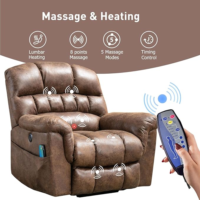 Bonzy Home Power Lift Chairs Recliner with Massage and Heating, Electric Recliner Chair with 24" Wide Seat for Big People, Full Padded Backrest, Waterproof Faux Leather, USB Charging Ports, Brown