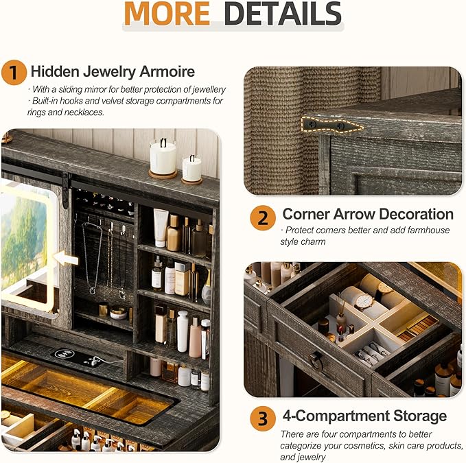 HNEBC 40" W Makeup Vanity Desk with Sliding Mirror and Lights,Farmhouse LED Vanity Set with Jewelry Armoire,Glass Tabletop Vanity Table with Charger,Adjustable Cabinet,6 Drawers,10 Shelves (Oak)