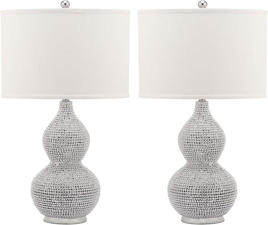 Safavieh Lighting Collection Nicole Bead Base Silver and White Table Lamp, Set of 2