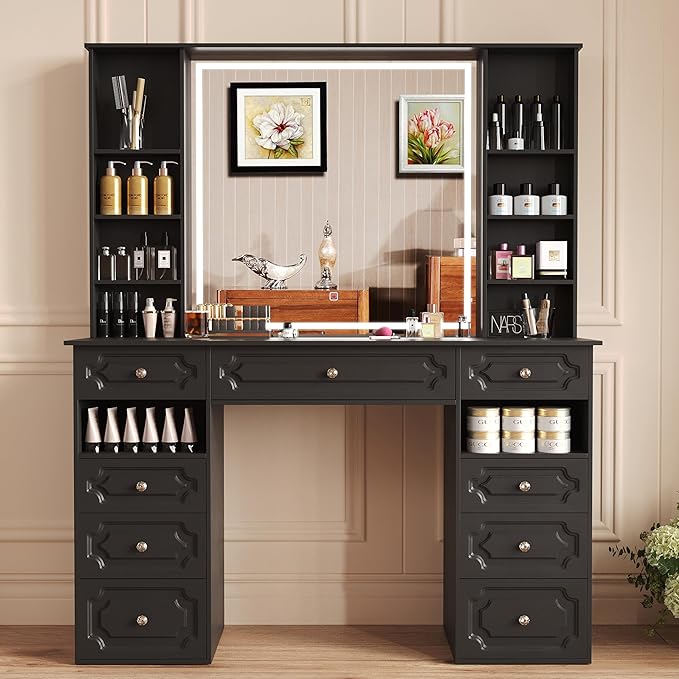 Makeup Vanity with 30" HD Lighted Mirror, 47" Large Vanity Desk with 9 Drawers & 10 Open Storage Shelves, Brightness Adjustable, Dressing Table for Bedroom, Women Girl (Black, B Panel)