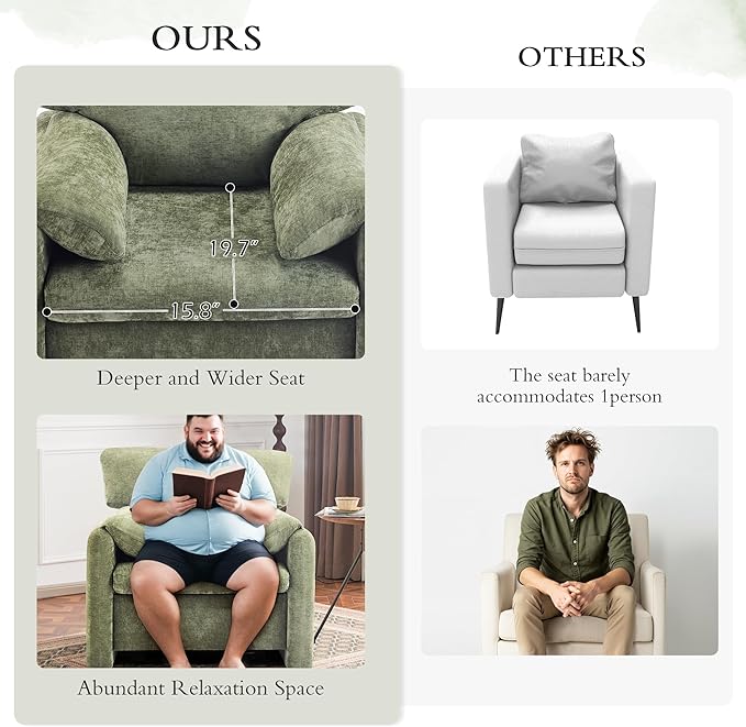 39" Modern Chenille Oversized Armchair,Wide Accent Chair, Mid Century Single Sofa Chairs, Comfy Upholstered Reading Chair for Living Room, Bedroom, and Apartment (Green)