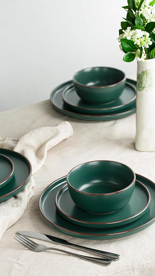 Famiware Mercury Plates and Bowls Sets, 12 Pieces Stoneware Dinnerware Sets, Dishes Set for 4, Microwave and Dishwasher Safe, Dark Green