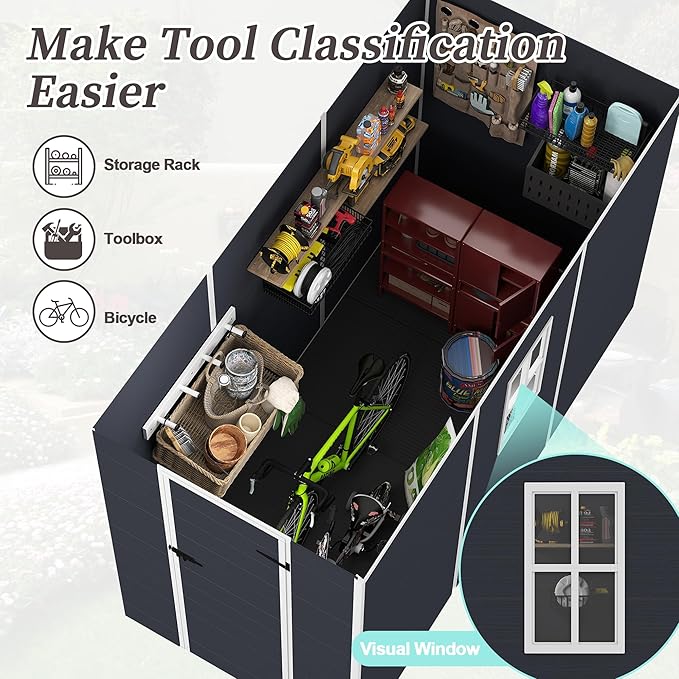 4' x 8' Resin Storage Shed Outdoor, PP Material & Strong Structure for All Weather, Plastic Garden Shed w/Window for Garden, Backyard, Poolside and Lawn, 15mm Thick PP Board - Dark Grey