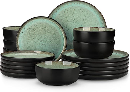 vancasso Plates and Bowls Sets, 18 Pieces Stoneware Dinnerware Sets for 6, Kitchen Dish Set Mircowave and Dishwasher Safe Dinner Set Ceramic Dishware, Turf Green, Series AMBER