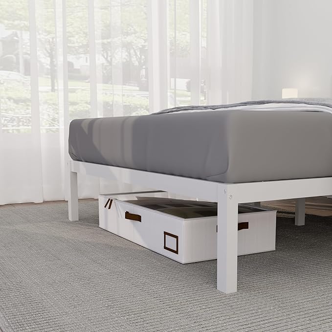 14 Inch Bamboo Bed Frame – Solid Wood Platform Bed Frame, Strong and Stable, with Non-Slip Slats for Support, No Box Spring Needed, Easy to Assemble, Noise-Free (White, Full)