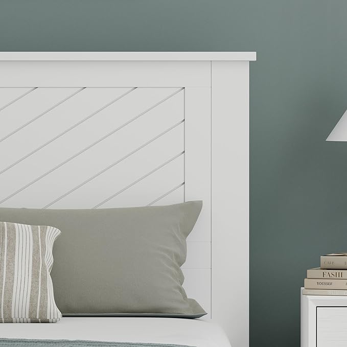Serene Poplar Wood Full Headboard, Modern Farmhouse Panel with Chevron Scoring, Full Size Headboard in White, Casual Coastal Style, Easy Assembly, Quality Materials