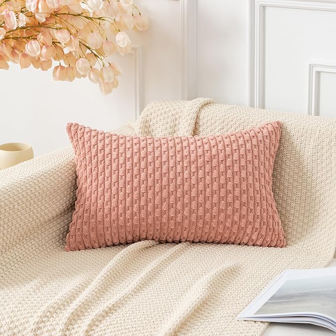 Kevin Textile Throw Pillow Covers Soft Corduroy Decorative Set of 2 Valentines Day Boho Striped Pillow Covers Pillowcases Farmhouse Home Decor for Couch Bed Sofa Living Room 12x20 Inch Baby Pink