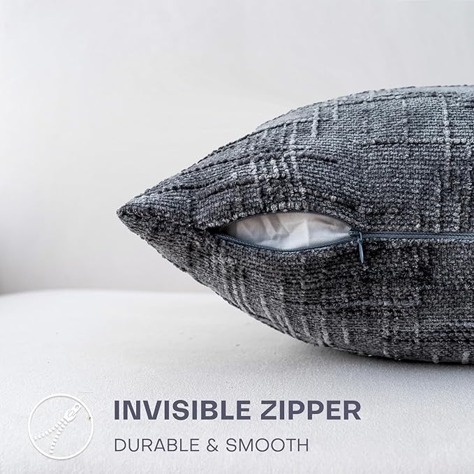 Decorative Throw Pillow Covers 22x22 Inch Set of 2, Soft Solid Farmhouse Chenille Couch Pillows, Spring Pillow Covers for Couch Sofa Bed Living Room Home Decor Pillowcase, Dark Gray