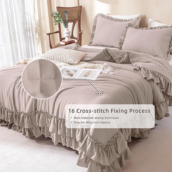 QSH Shabby Ruffled Comforter Set 3 Pieces, Lightweight Taupe Bed Comforter,Microfiber Inner Fill Bedding King Size