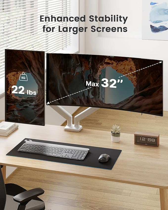 ErGear Dual Monitor Stand up to 32 inches Screen, Load-Bearing Max 22 lbs Each Arm, Adjustable Dual Monitor Mount, Sturdy Steel vesa Monitor Mount with Stable VESA 75x75 100x100mm-White