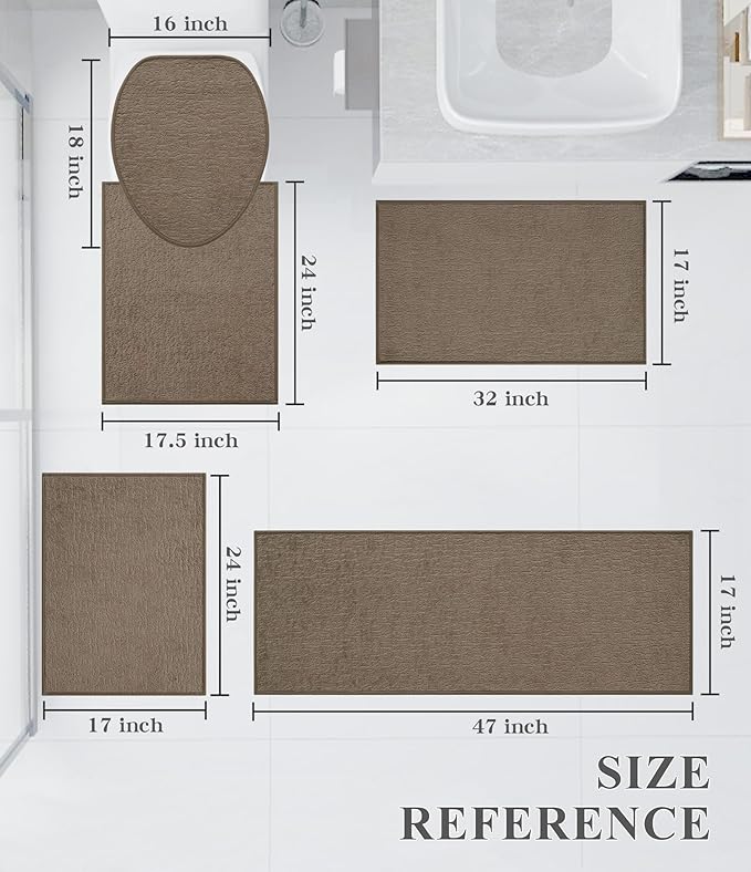 chakme Bathroom Rug Sets 5 Piece, Ultra Thin Bath Mat Quick Dry Bath Mat Set, Absorbent Bath Mat for Bathroom Non Slip Machine Washable, (Coffee, 5 Piece)