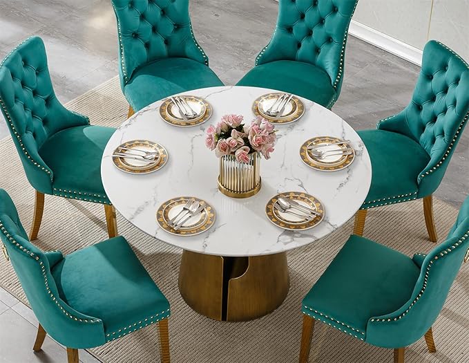7-Piece Faux Marble Round Dining Table Set for 6, Modern Luxury Kitchen Table Set for 6 with Green Tufted Chairs,Circle Dining Tables with White Marble Grain Top and Bronze Pedestal Base