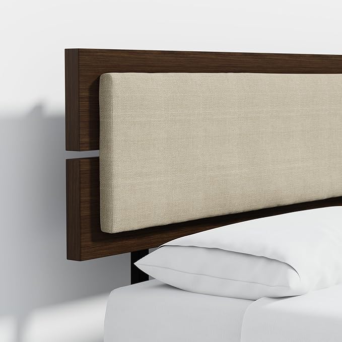 Modern Solid Wood Platform Bed with Adjustable Headboard with Cushion – No Box Spring Needed,Fast Assembly – King Size in Walnut