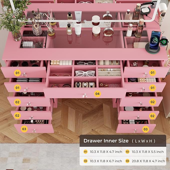 Vanity Desk with Mirror and Lights, 11 Drawers Makeup Vanity Desk with Tempered Glass top, 3 Lighting Modes Adjustable Brightness, Pink Vanity with Magnetic 5X Magnifier for Bedroom