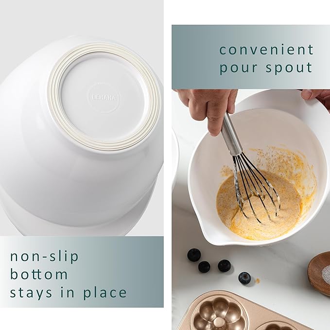 LEHAHA Melamine Mixing Bowls with Pour Spout, set of 3, Non-Slip Nesting Design, Nesting Salad Serving Bowl with large handle for Prepping, Baking, Cooking, Kitchen Cooking and Baking Supplies, White