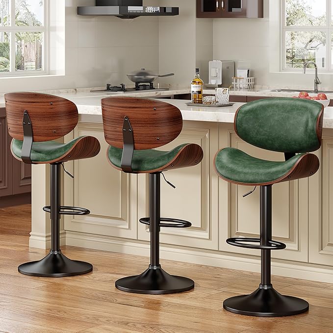 Bar Stools Set of 4, Bentwood Adjustable Height Swivel Bar Stools, PU Leather Upholstered Bar Chair with Back and Footrest for Bar, Kitchen, Green