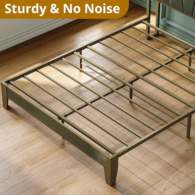 LIKIMIO Full Bed Frame, Storage Headboard with Charging Station, Solid and Stable, Noise Free, No Box Spring Needed, Easy Assembly (Dark Green)