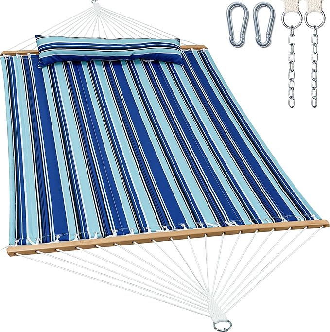 2 Person 12FT Hammocks for Outside, Double Quilted Fabric Outdoor Hammock with Spreader Bar, Large Removable Pillow, Storage Pockets, Carabiners, Max 475 lbs Capacity (Catalina Beach)