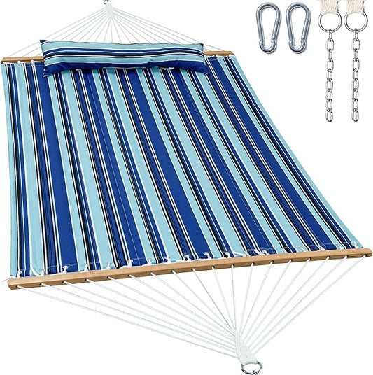 2 Person 12FT Hammocks for Outside, Double Quilted Fabric Outdoor Hammock with Spreader Bar, Large Removable Pillow, Storage Pockets, Carabiners, Max 475 lbs Capacity (Catalina Beach)