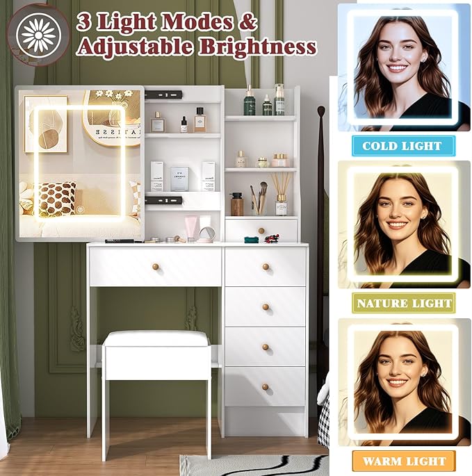JBLCC Makeup Vanity Desk with Lighted LED Mirror, White Vanity Table with 6 Drawers & Storage Shelves, Modern Dressing Table for Bedroom, Small Vanity Set with Lights