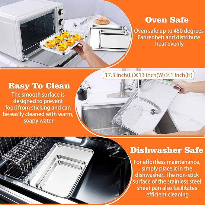 Herogo Nonstick Stainless Steel Baking Sheet Pan Set, 17×13×1 Inch Rectangle Cookie Sheet Bakeware Set for Oven, 2 Pack Multipurpose Kitchen Cookware, Non Toxic & Heavy Duty & Easy Clean-Extra Large