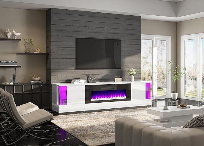 AMERLIFE High Gloss Fireplace TV Stand with 40" Fireplace, 80" LED Lights Entertainment Center with Flip Doors & Corner Glass Decor, Modern TV Console Table for TVs up to 90", Living Room, White