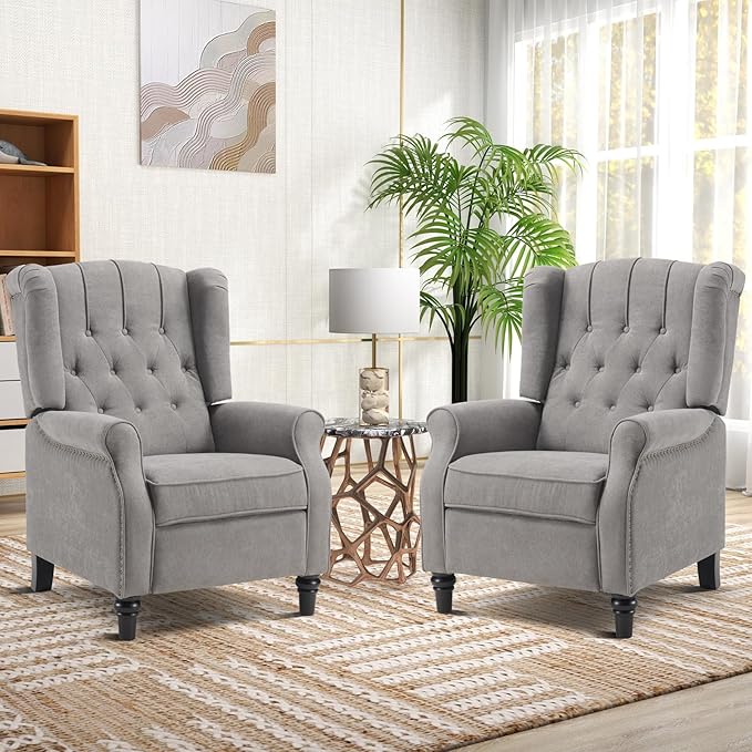 EBELLO 2 Pcs Pushback Recliner Chairs, Fabric Armchair Push Back Recliner with Rivet Decoration, Single Sofa Accent Chair for Living Room, Bedroom, Grey