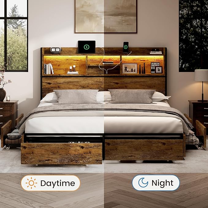 King Storage Bed Frame with 6 Drawers, USB Charging Station, No Noise, No Box Spring Required, Vintage Brown Headboard Platform Bed