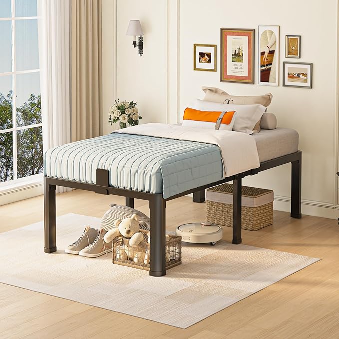 18 inch Twin Bed Frame with Round Corner Legs Mattress Slide Stopper,3500 lbs Heavy Duty Metal Platform,No Box Spring Needed,Steel Slat Support,Easy Assembly,Noise Free