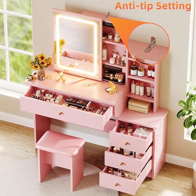 Vanity Desk with Mirror and Lights, Makeup Vanity with 3 Adjustable Lighting Modes, Small Vanity Desk with Sliding Mirror, 4 Drawers, 7 Shelves, Vanity Chair for Bedroom, Pink