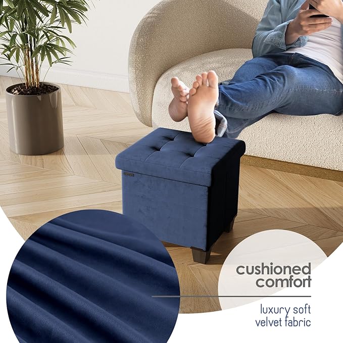 STORAGEBUD Storage Ottoman Cube with Small Bin, 15-in Square Ottoman with Storage for Living Room and Bedroom, Small Ottomans Foot Rest, Velvet Foot Stools Ottomans Max 330lbs, Blue