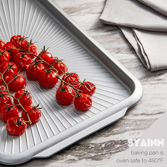 SYAINN Non-stick Ceramic Baking Sheet Set, Pack of 3 - Aluminum Steel Cookie Sheets for Baking - Includes Half/Quarter/Jelly Roll Pans - Warp Resistant, Toxic, PTFE & PFOA Free - Sliver