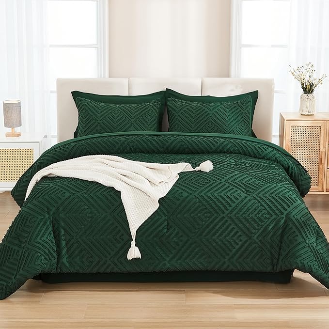 Andency Super King Size Comforter Set Dark Emerald Green - 7 Pieces Bed in a Bag Oversized King Bedding Sets, Boho Tufted Lightweight Fluffy Bed Set with Comforter, Sheets, Pillowcases & Shams