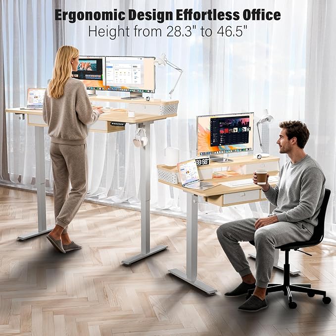 Electric Standing Desk with 4 Drawers 40''x 24'' Small Adjustable Height Sit to Stand Up Desk with Storage Shelf, C-Clamp Mount Compatible Black Home Office Desks Computer Desk Ergonomic Workstation