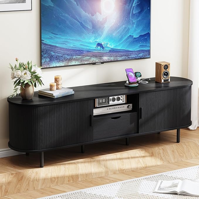 69" TV Stand with Power Outlet for TVs up to 80", Entertainment Center with Storage and Drawer, TV Console with Adjustable Shelves and Sliding Door, TV Stand for Living Room, Bedroom, Black