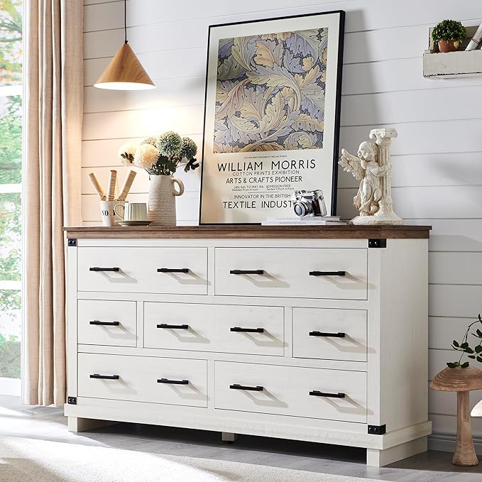 Farmhouse 7 Drawers Dresser for Bedroom, Wood Large Chest of Drawers with Thick Plank Styling, Rustic Closet Dresser for Bedroom, Living Room, Antique White Color