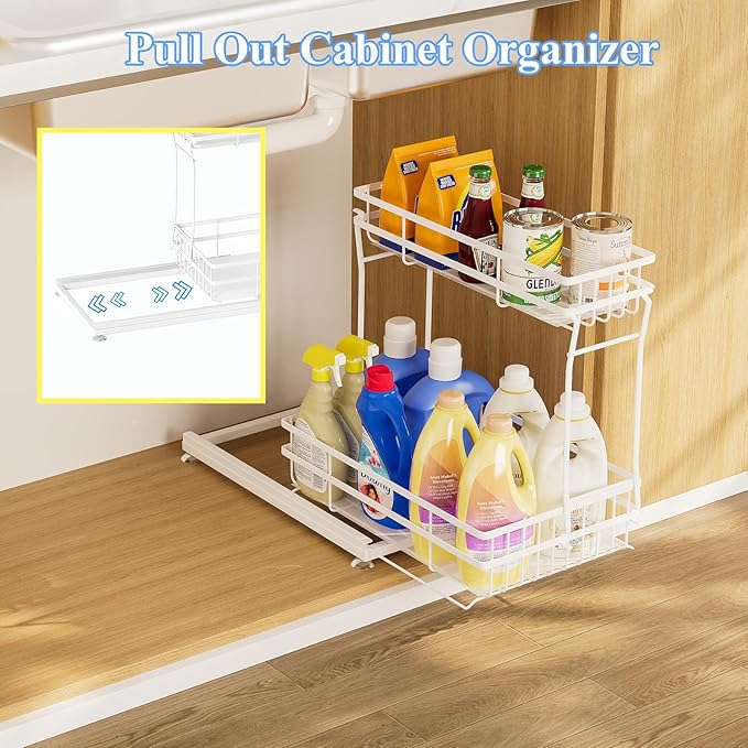 2 Pack Under Sink Organizers and Storage, 2 Tier Pull Out Cabinet Organizer, Metal Sliding Drawer Storage for Kitchen Bathroom, White