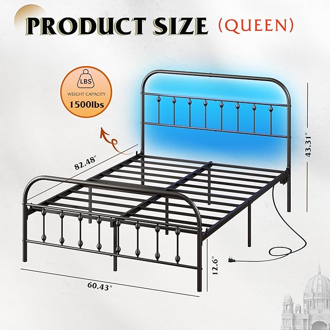 WLIVE Queen Bed Frame with Headboard, Bed Frame Queen Size with LED Lights and Charging Station, Metal Bed Frames with Storage, Black