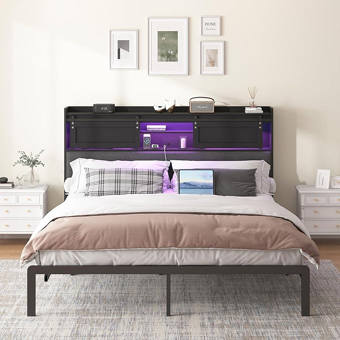 Decoholic Queen Size Headboard Only with Storage, Upholstered Headboard with Charging Station and LED Light, Sturdy and Stable, Easy to Assemble (Black+Barn Door, Queen)