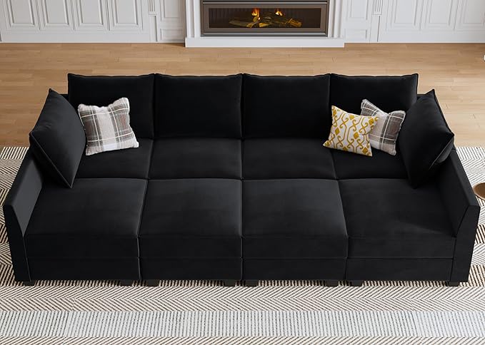 HONBAY Modular Sectional Sofa Velvet Sleeper Couch with Storage Seats Oversized Sectional Couches for Living Room,Black
