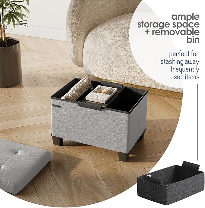 STORAGEBUD Storage Ottoman Cube with Small Bin, 16-in Square Ottoman with Storage for Living Room and Bedroom, Small Ottomans Foot Rest, Faux Leather Foot Stools Ottomans Max 330lbs, Light Grey