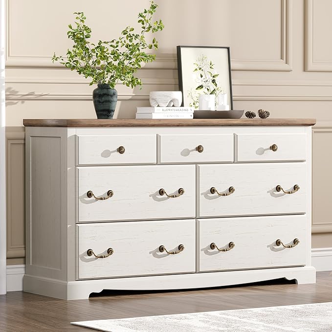 Farmhouse 7 Chest of Drawers for Bedroom, 54" Wide Wood Dresser with Bronze Retro Handles & 3D Drawer Fronts, Closet Dresser for Bedroom, Hallway, Antique White
