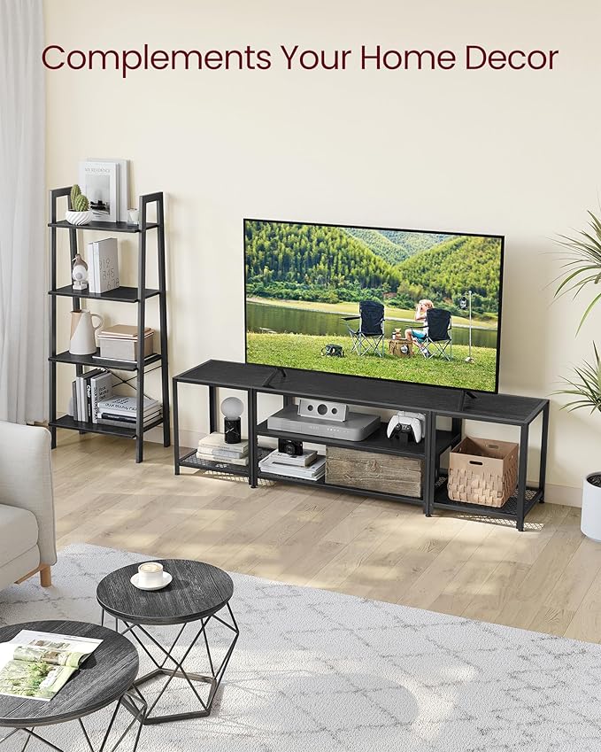 VASAGLE Modern TV Stand for TVs up to 75 Inches, 3-Tier Entertainment Center, Industrial TV Console Table with Open Storage Shelves, for Living Room, Bedroom, Black with Wood Grain ULTV098B22