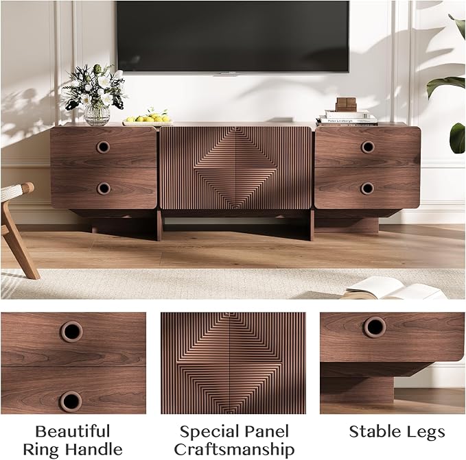 66" Fluted TV Stands for Living Room, Mid Century Modern TV Consoles for 75 inch TV, Entertainment Center with Storage, Media Console with Adjustment Shelf(Walnut)