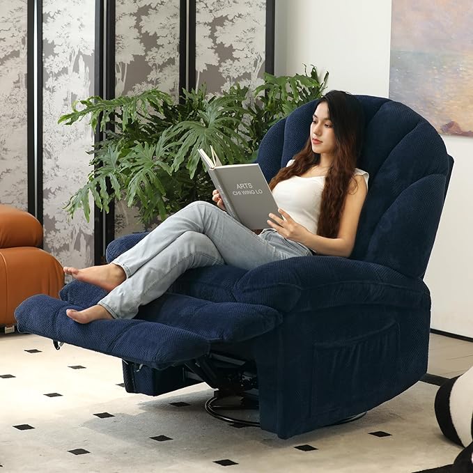 EONIX Oversized Power Swivel Rocker Recliner Chair for Living Room, Power Adjustable Backrest and Extended Footrest, USB Charging Ports, SXXY004021, Navy Blue