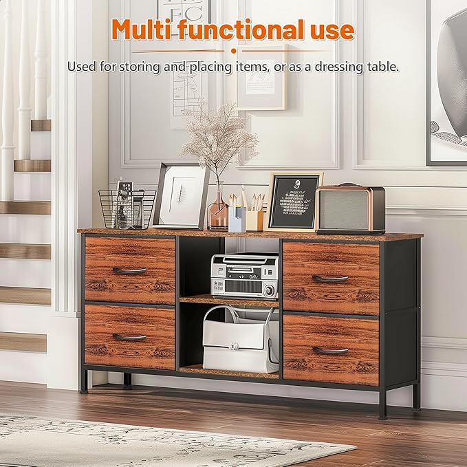 TV Stand for Bedroom, Television Stand for TV up to 46 Inch Entertainment Center Dresser with 4 Drawers Open Storage Shelves for Living Room, Entryway (Brown and Rustic Brown)