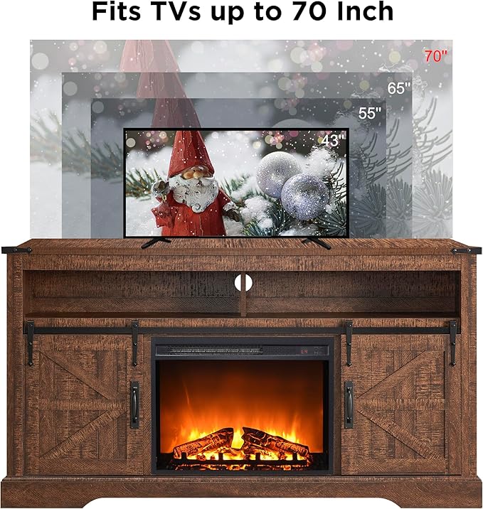 OKD Fireplace TV Stand for 65+ Inch TV, 33" Tall Highboy Farmhouse Entertainment Center w/ 23'' Electric Fireplace, Rustic Media Console w/Sliding Barn Door for Living Room, Reclaimed Barnwood Color